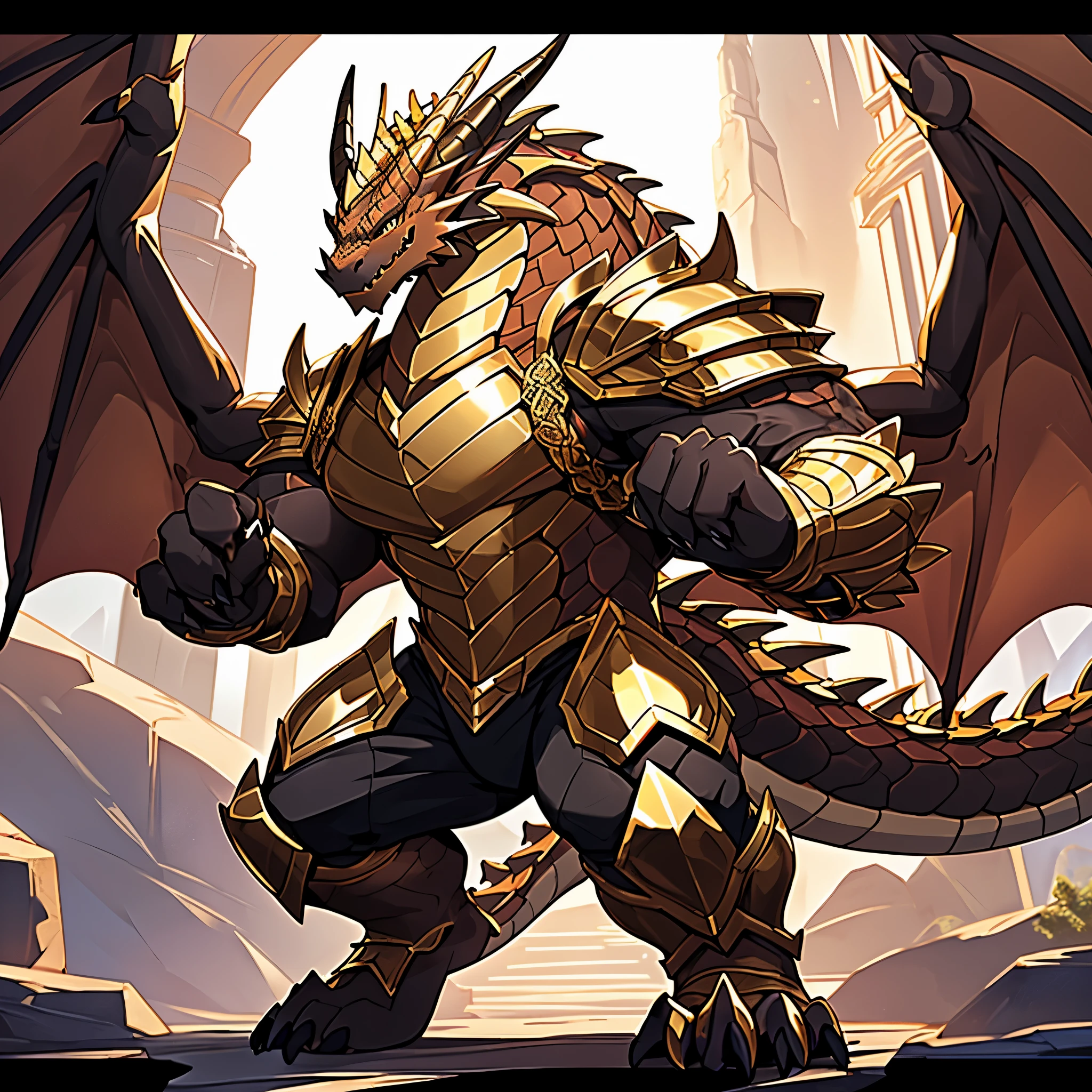 (The violent and powerful Dark Gold Dragon King，Wearing modern black and gold armor，Inlaid with dark gold gemstones：200)，Strong build的龙形恶魔，(Broad dragon body，huge chest，majestic wingspan，Sharp and huge dragon claws，Thick iron tail，Sharp dragon scales，The huge dark gold dragon king：2)，Strong build，(Dark gold scales，Mighty dragon-shaped demon：2)，Dragon legs apart，Dragon wings unfold，The dragon's claws open，Excited toothy smile，huge mount，full body picture，Very detailed，4k HD