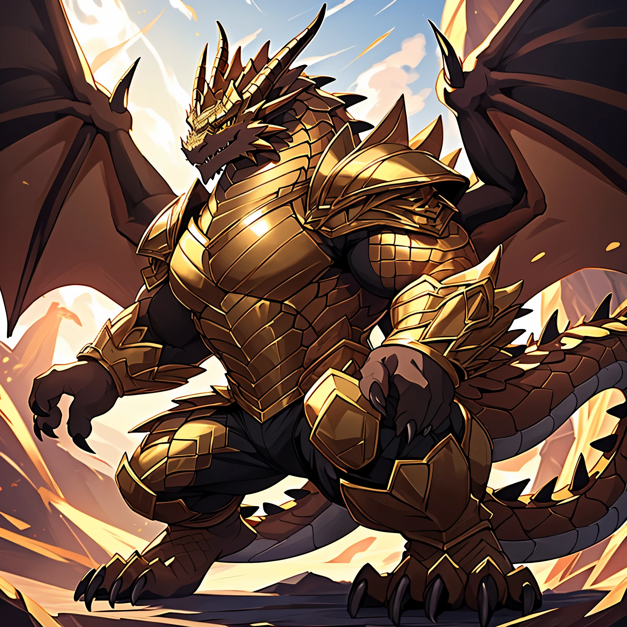 (The violent and powerful Dark Gold Dragon King，Wearing modern black and gold armor，Inlaid with dark gold gemstones：200)，Strong build的龙形恶魔，(Broad dragon body，huge chest，majestic wingspan，Sharp and huge dragon claws，Thick iron tail，Sharp dragon scales，The huge dark gold dragon king：2)，Strong build，(Dark gold scales，Mighty dragon-shaped demon：2)，Dragon legs apart，Dragon wings unfold，The dragon's claws open，Excited toothy smile，huge mount，full body picture，Very detailed，4k HD