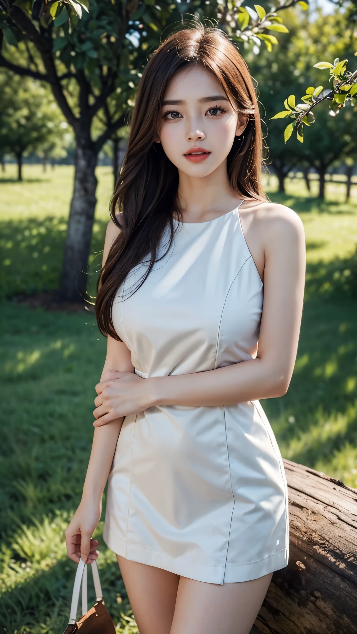 masterpiece, RAW photo, best quality, photorealistic, extremely detailed CG unity 8k wallpaper, Depth of field, Cinematic Light, Lens Flare, Ray tracing, best quality, 4k, 8k, Detailed faces, clear face, pretty girls, Korean makeup, Red lips, laugh, perfect body, Perfect Young breasts, Beautiful knee length Red Frock, View of orchards, fruit trees, many Fruit trees in Orchards , Standing in front of Big Fruit Tree, slightly open mouth, 64k,