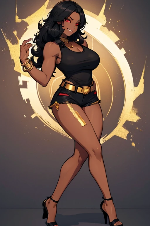 female, black long hair, red eyes, dark skin, (((1girl))), (((black tank top with gold trim))), (gold bracelets), (black detached sleeves with gold trim), (black pants with gold trim), (gold heels), cute and sexy, huge breasts, huge butt, full body, long legs, smiling