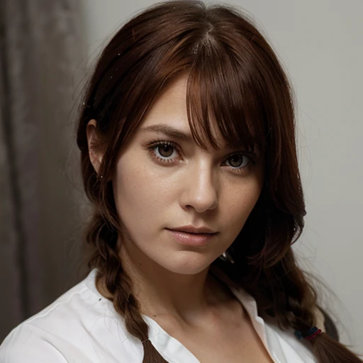 makima (chainsaw man), best quality, ultra detailed, 1girl, solo, standing, red hair, long braided hair, golden eyes, bangs, medium breasts, white shirt, necktie, stare, smile, (evil:1.2), looking at viewer, (interview:1.3), (dark background), from below, sharp contrast , gorgeous detailed eyes, focus , close up shot , glowing orange eyes,front view