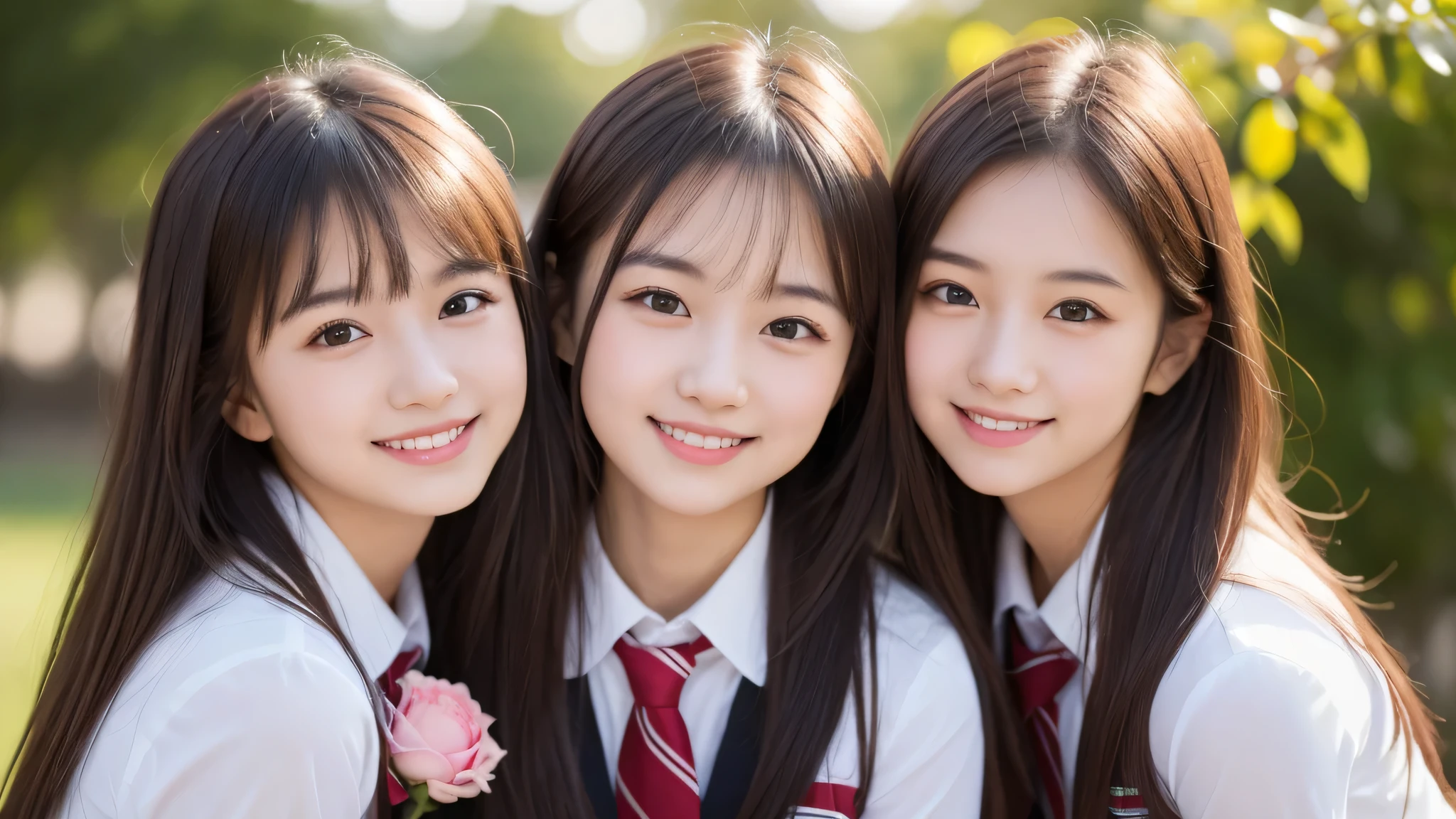 (cute smile:1.2), (transparent fair skin), (ung girls), highly detailed girls, extremely detailed CG unified 8k wallpaper, highly detailed, High-definition raw color photos, professional photography, Realistic portrait, Cinematic Light, bangs, (Best Quality:1.4), (Ultra-detailed), Amazing face and eyes, brown eyes, (high school uniform:1.2), Extremely high resolution, sitting, flowers, crisp, clear,