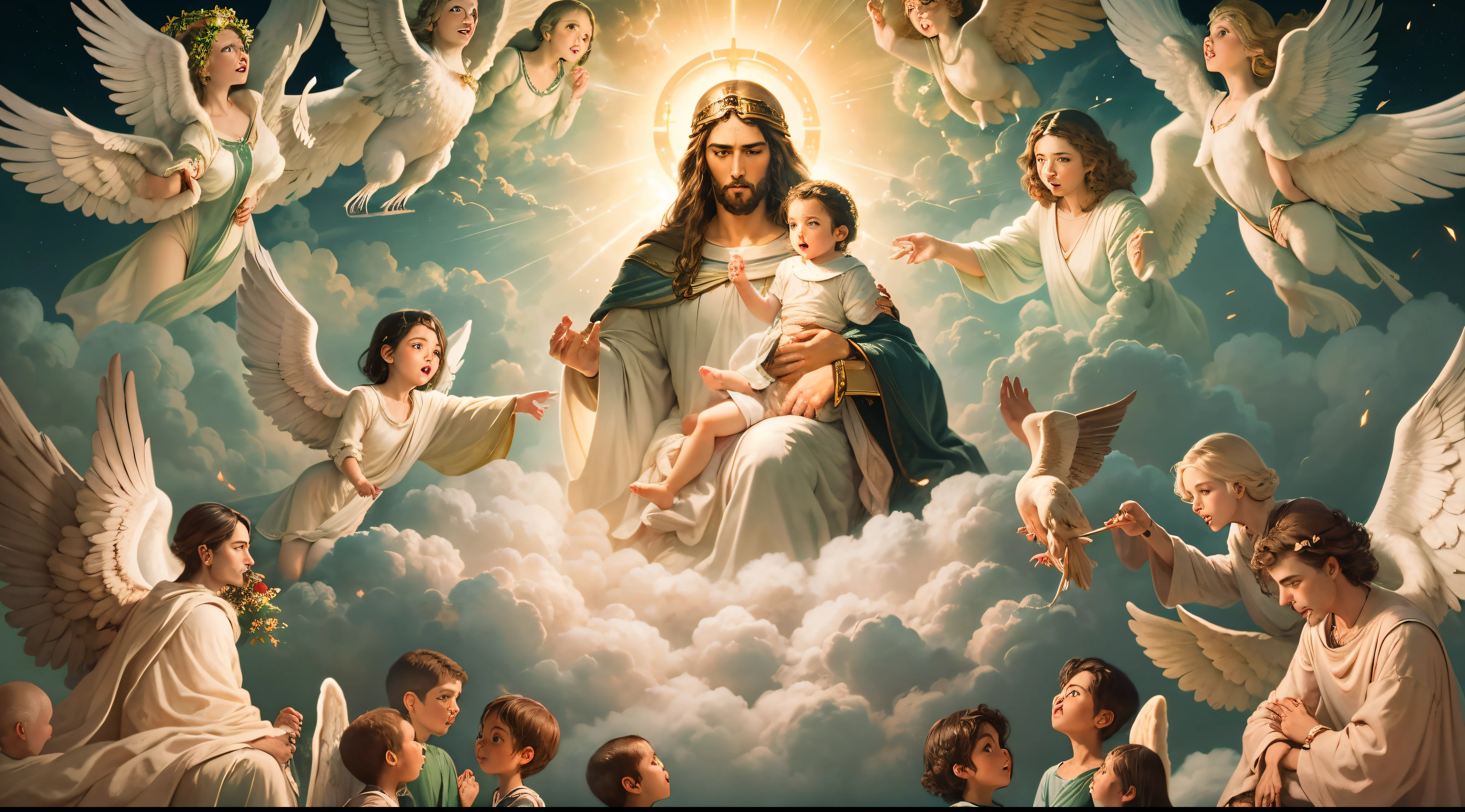 Descreva uma cena celestial e sagrada que envolva um marido, uma esposa e um filho, all surrounded by angels and watched by a white dove in the sky. Inclua elementos religiosos como o Menino Jesus, imagens sagradas, the holy Trinity and an atmosphere that evokes the holy and the sacred. Explore divine harmony and spiritual presence in this unique representation.