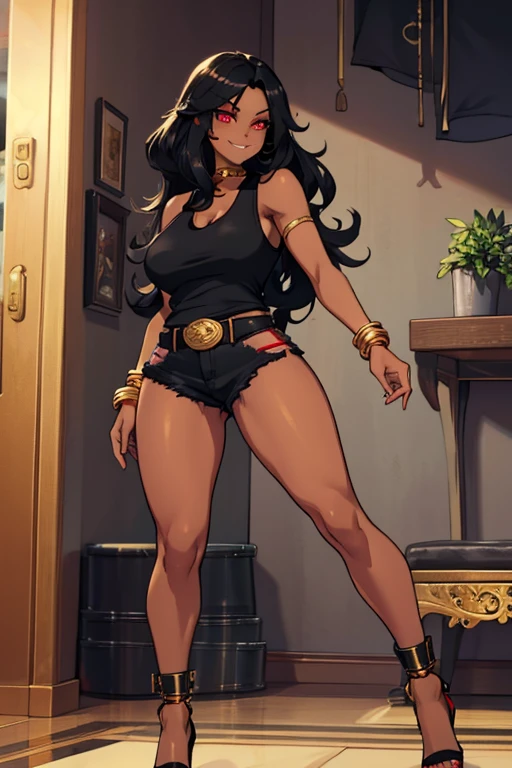 masterpiece, best quality,1girl,young girl,brown eyes, drill hair, evil smile, shiny skin, (nice leg line:1.3), thin waist, mall, (((long hair))), (curvy), ((wide hips)), ((hoop earrings)), small breads, sexy overalls