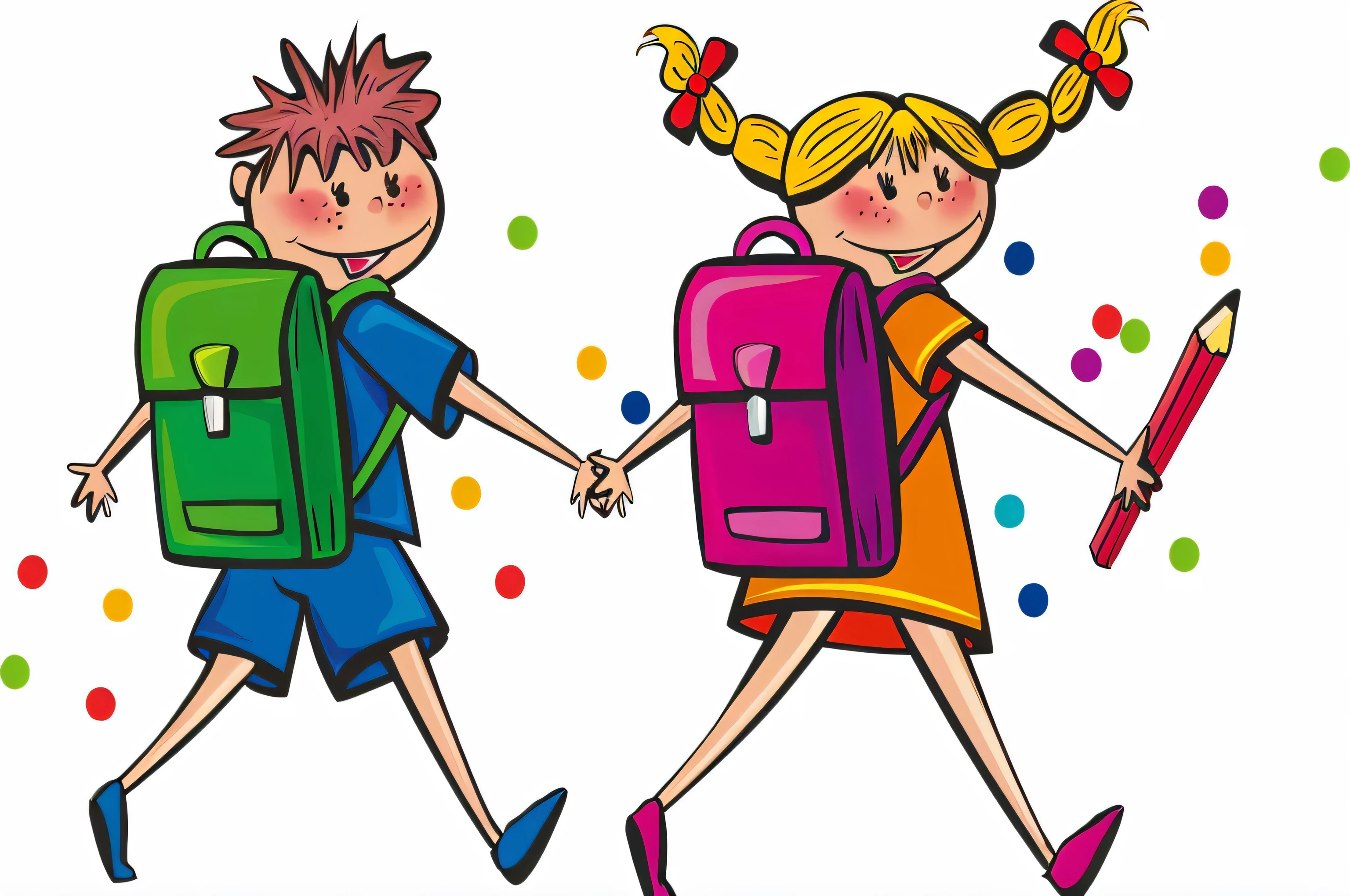 cartoon illustration of two children walking with backpacks and books, children, children illustration, school bag, colorful kids book illustration, with a backpack, boy and girl, childrens illustration, detailed school background, kid, back to school comedy, wallpaper - 1 0 2 4, by Zahari Zograf, children\'s illustration, schools, by Susan Heidi, nerds