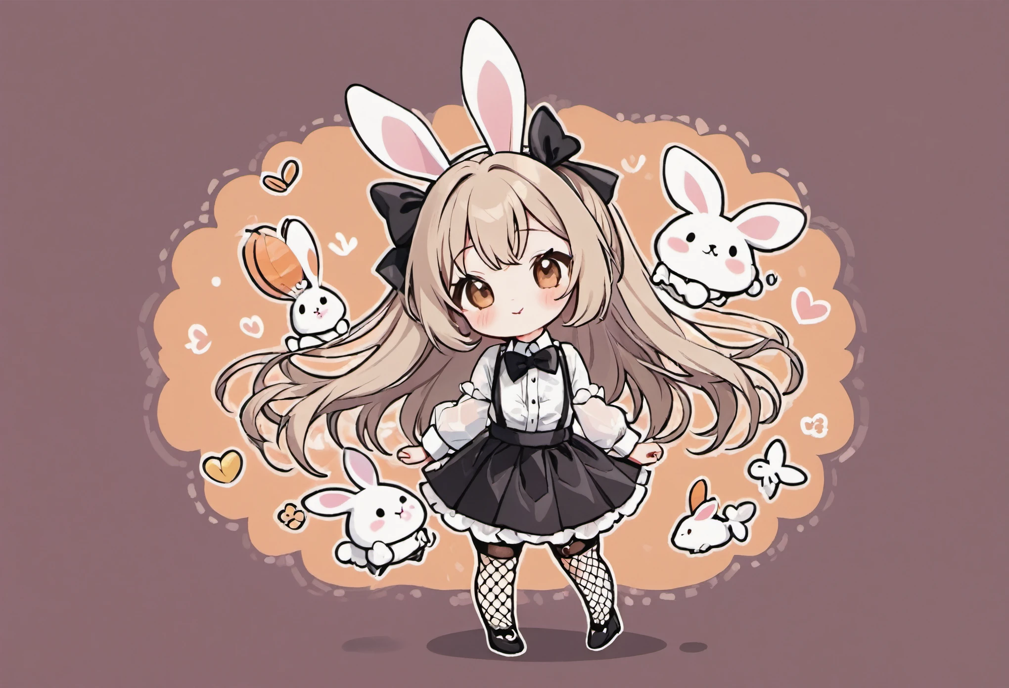 cheerful and funny illustration, cartoon, chibi, doodle style, playboy bunny,rabbit_ears,rabbit_tail,fishnet tights,bowtie,wrist cuffs