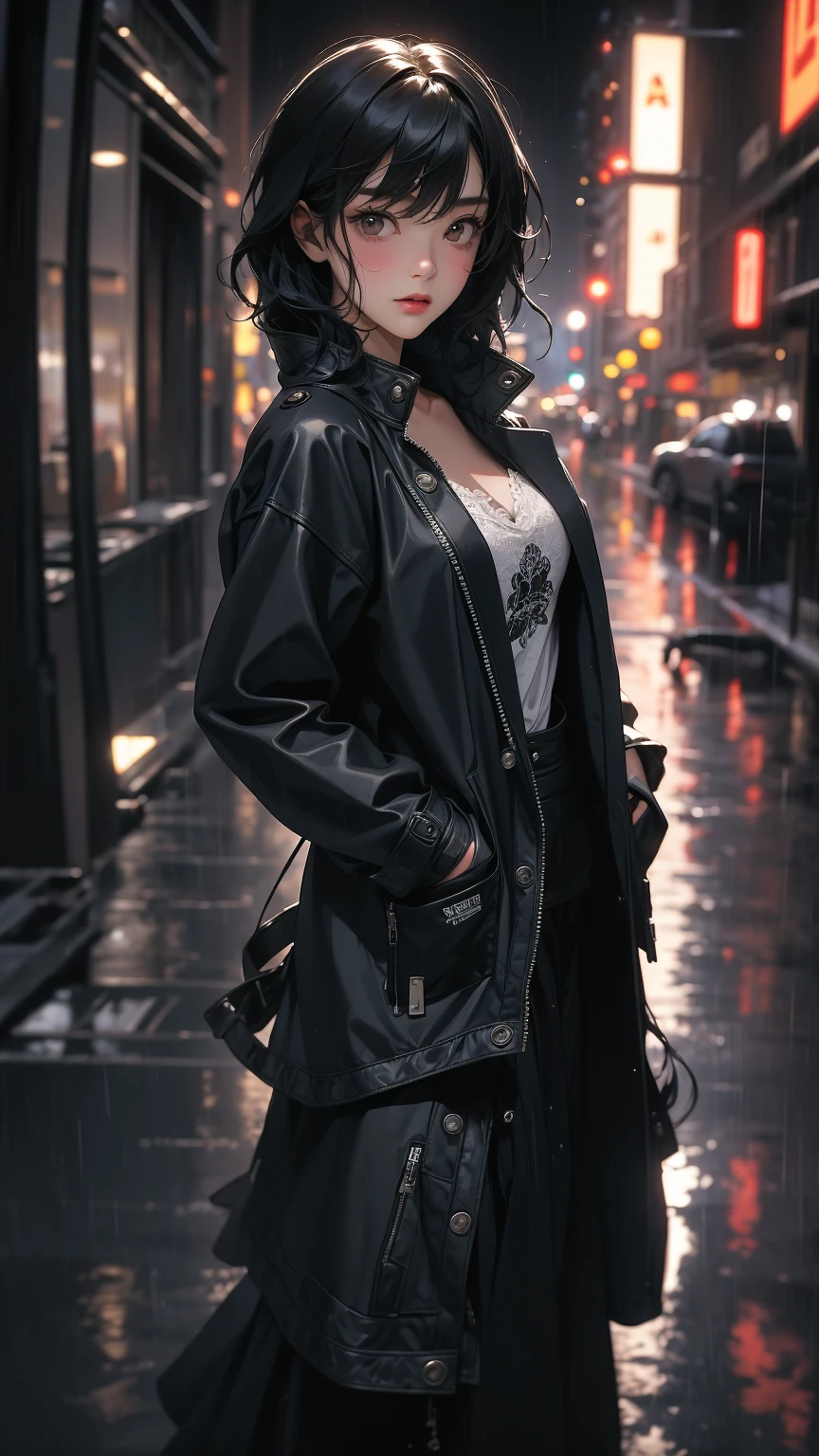 ((Highly detailed CG unit 8k wallpaper, masterpiece, High resolution, highest quality, highest qualityのリアルテクスチャスキン)), ((Hands in pockets pose:1.5, fashion model pose:1.2, A cool NY fashion girl influenced by nostalgic and inorganic mode fashion., detailed costume:1.2, Black complex lace layered maxi skirt and rider jacket combination:1.3, Monotone fashion, short hair, Nana Komatsu, hair wet with rainwater:1.3)), ((blurred background:1.2, An empty back alley with black and white graffiti art:1.2, Rain-soaked road surface)), ((Angle from above:1.3, Fisheye Shot:1.5)), hyper realistic, digital painting, concept art,