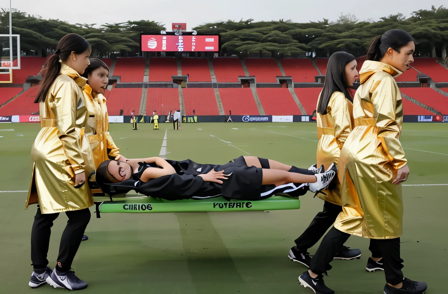 A male soccer player is lying on a stretcher, male soccer player is taken away on a stretcher, There is a man lying on his back on a stretcher with his hands grabbing his hurting leg, a man in a t-shirt and sports shorts has put his hands on his injured leg, the man has an agonised face looking to the sky, two horny looking longhaired and ponytailed women that are wearing very shiny coats, there are longhaired women with horny faces wearing laquered puffy coats, longhaired women are walking in wetlook puffy coats, several women walking around a football field with an injured athlete on a stretcher, the injured athlete on the stretcher is grabbing his injured leg with both hands, the women look very worried, behind the women there is a frightening atmosphere, there is heavy rainfall in the background, video still, behind the scenes, pity, china, erotic, horny, drama, very shiny orange vinyl fabric