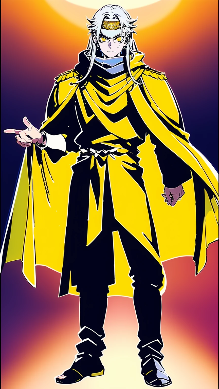 silver hair, long hair, yellow eyes, bandana, militari uniform, cape, tall,scarf, full body, flipflops, 1boy