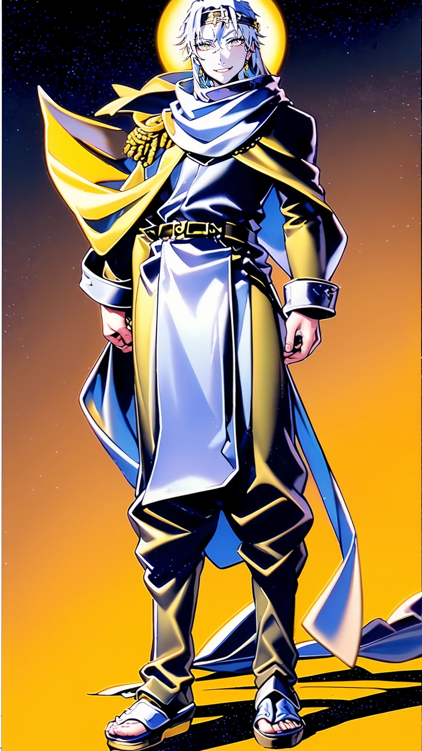 silver hair, long hair, yellow eyes, bandana, militari uniform, cape, tall,scarf, full body, flipflops, 1boy
