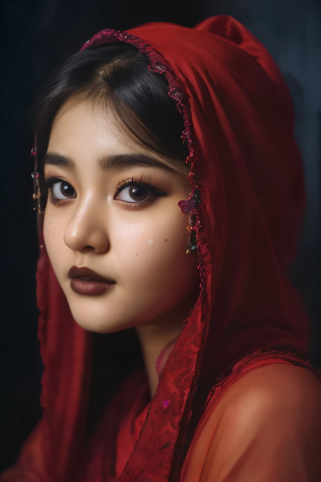 tzuyu, iu, yooa, space, Bellydancer, hijabi, sexy, cleavage, 18 year old javanese hijabi), (highly detailed face:1.4) (smile:0.7) (background inside dark, moody, private study:1.3) POV, by lee jeffries, nikon d850, film stock photograph ,4 kodak portra 400 ,camera f1.6 lens ,rich colors ,hyper realistic ,lifelike texture, dramatic lighting , cinestill 800,