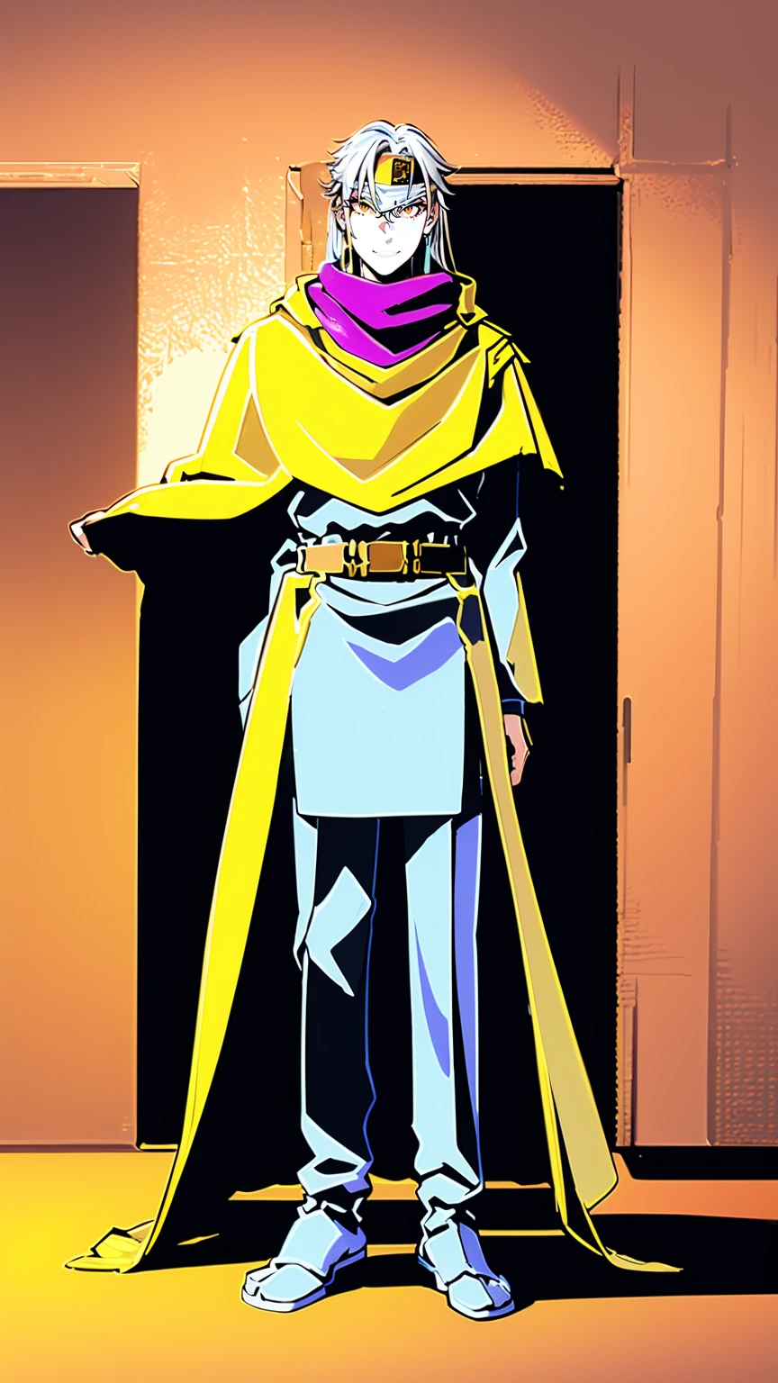 silver hair, long hair, yellow eyes, bandana, militari uniform, cape, tall,scarf, full body, flipflops, 1boy, boots,