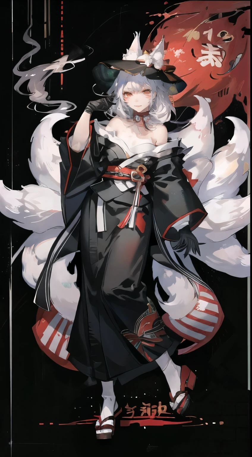 kosaka1st, medium hair, facial mark, red eyeshadow, forehead mark, makeup, fox ears, animal ear fluff, fox tail, multiple tails, single earring, black gloves, halterneck, black kimono, off shoulder, red kimono, obi, checkered sash, neck ribbon, neck bell, black headwear, smoking girl, white background