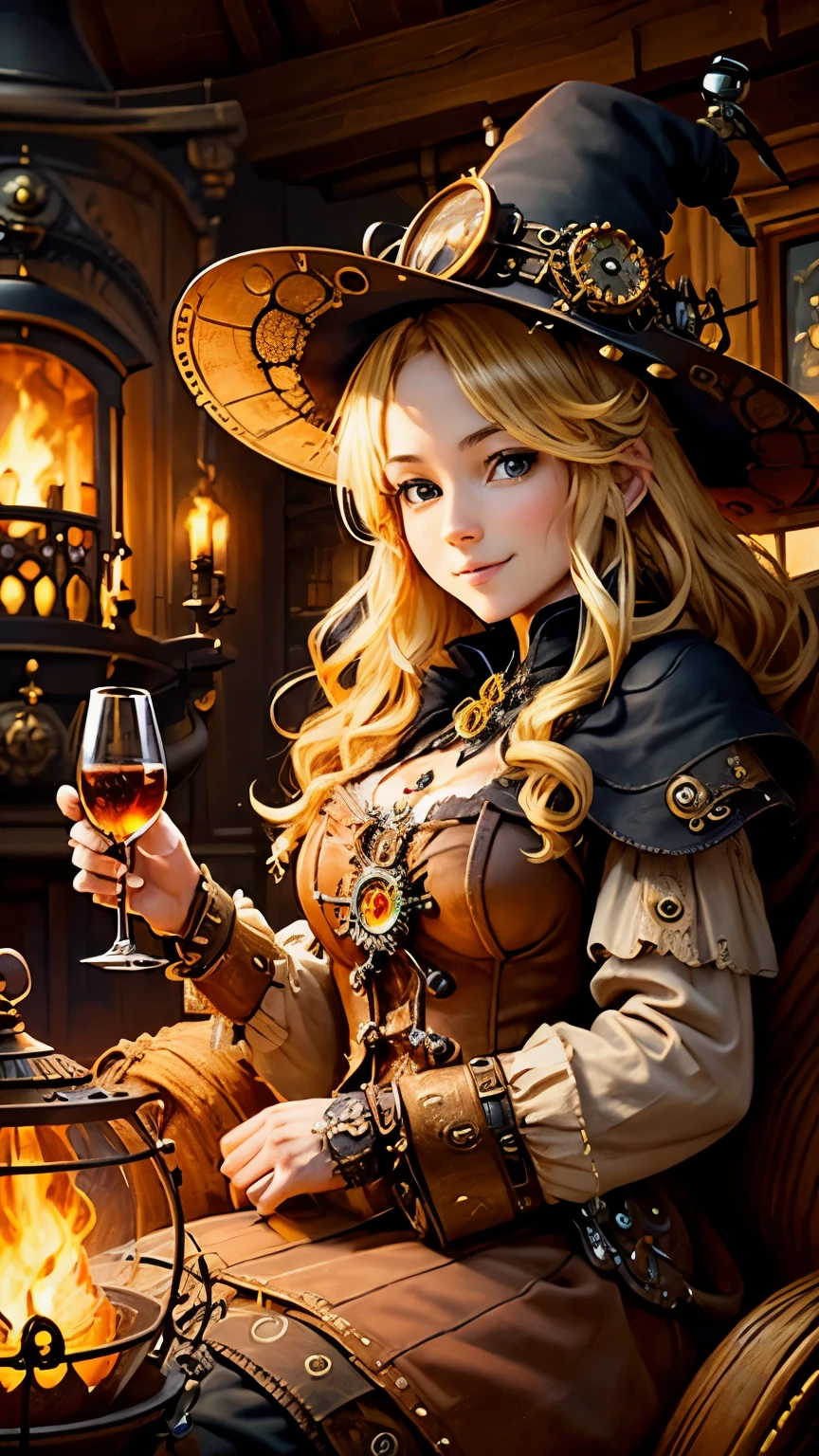steampunkai。highest quality。masterpiece。detailed details。(one woman)。(steampunk witch)。long fluffy blonde hair。sit on the sofa and relax。smile。The fire in the fireplace is burning warmly。Drinking wine in a wine glass。A familiar owl is perched on top of his head.。The background is the interior of the witch's house.。