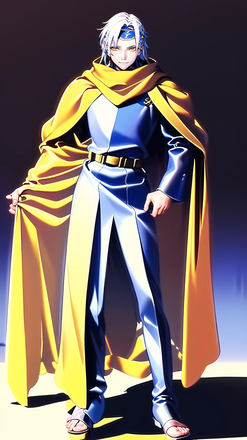 silver hair, long hair, yellow eyes, bandana, militari uniform, cape, tall,scarf, full body, flipflops, 1boy, boots,glasses