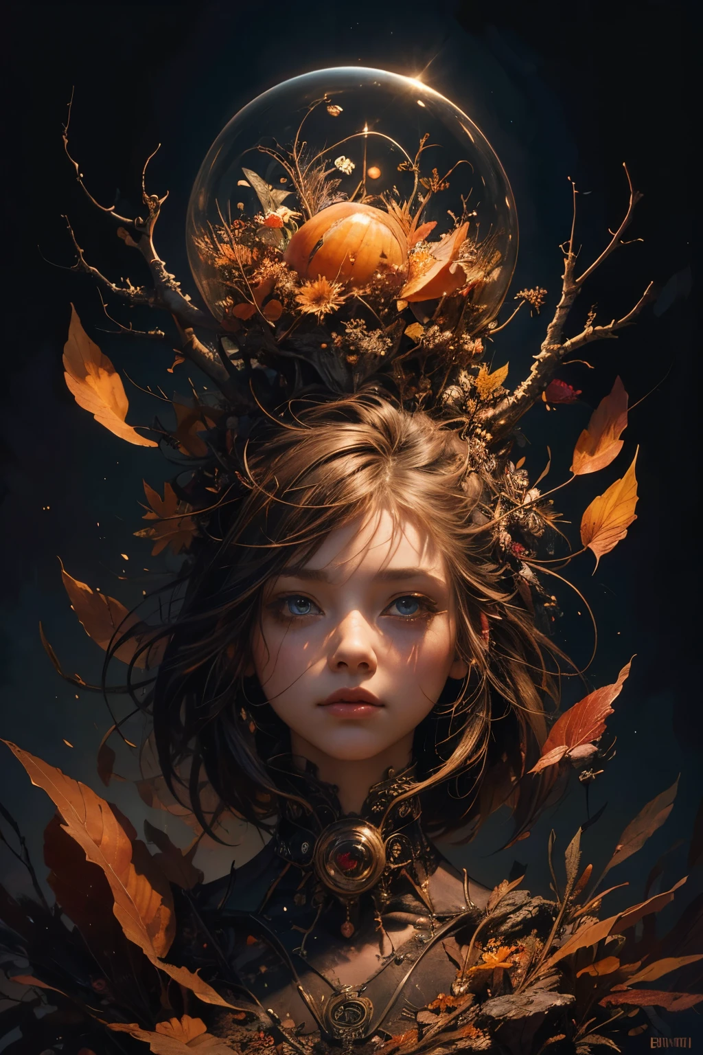 Cute Autumn Alien: A captivating creation by the ingenious brains of Jean Baptiste Monge, Carne Griffiths, Michael Garmash, and Seb Mckinnon. The intricate details of this adorable alien, showcasing hyper-realistic, hyper-detailed features, are a feast for the eyes. Colors of autumn leaves bursting from its body, each vein and texture meticulously rendered, leaving one in awe. Award-winning artists have flawlessly captivated the surrealism of this dark art masterpiece, artfully employing volumetric lighting that enhances its enchanting charm. Gorgeously presented in 8k resolution with