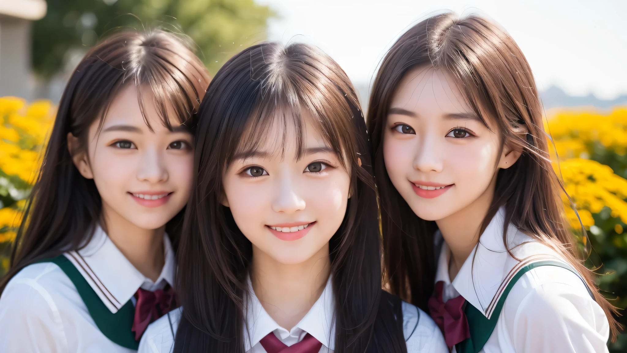 (cute smile:1.2), (transparent fair skin), (ung girls), highly detailed girls, extremely detailed CG unified 8k wallpaper, highly detailed, High-definition raw color photos, professional photography, Realistic portrait, Cinematic Light, bangs, (Best Quality:1.4), (Ultra-detailed), Amazing face and eyes, brown eyes, (high school uniform:1.2), Extremely high resolution, flowers, crisp, clear,