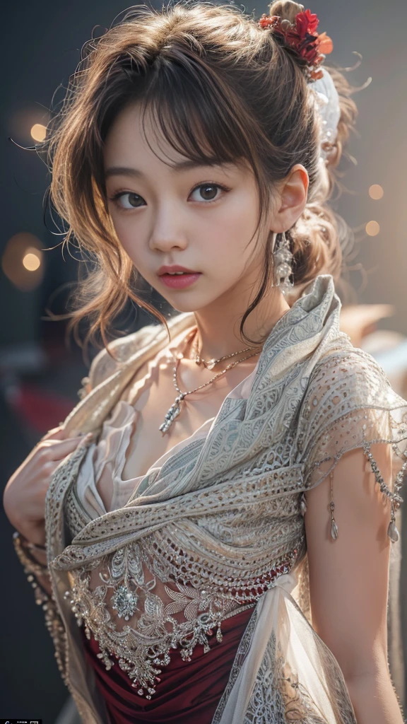studio light, depth of field, upper body, slender, cute face, smile, beautiful details eyes, 19yo japanese, pretty, Voluminous curls with warm blonde color, Plaza, casual, nipple slip