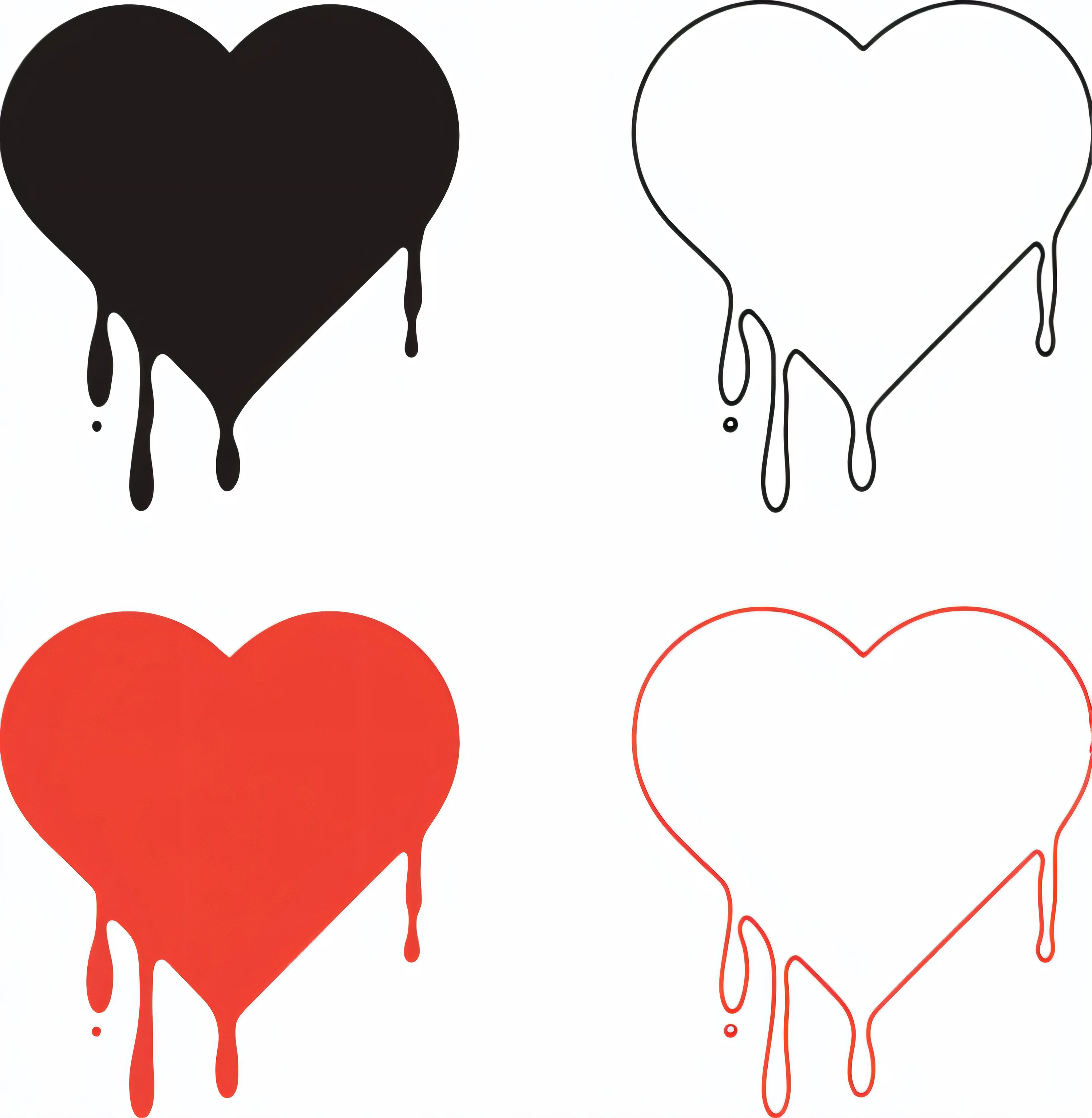 a close up of four different colored hearts with dripping paint, gothic harts, heart, several hearts, dark vhs gothic hearts, on a flat color black background, hearts, monochrome and red color bleed, black and red colors, with a black dark background, melting and dripping. eerie, dark, blood dripping, red and black colors, melting paint drips