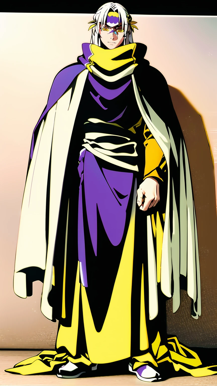 silver hair, long hair, yellow eyes, bandana, militari uniform, cape, tall,scarf, full body, flipflops, 1boy, boots,glasses