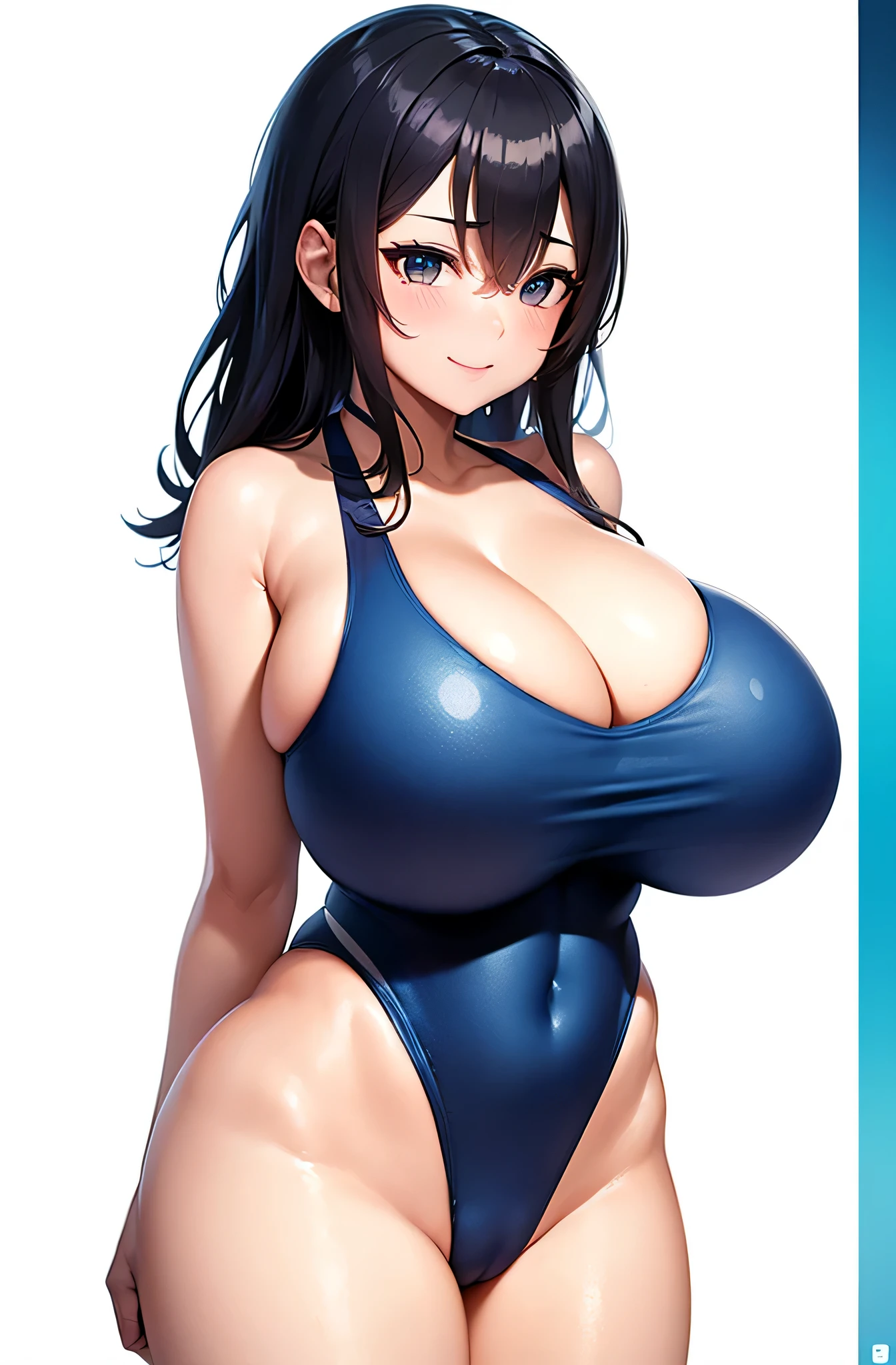 (1girl:1.5),(under breasts:2.0),(Smile Beam:1.5),((huge breasts:1.5)),(huge saggy breasts:1.5), ((cleavage:1.5)),((blue competition swimsuit:2.0)),((High leg:2.0), 20 years old,masterpiece,hyper quality, very detailed,perfect picture,3D,8k,High resolution,seductive anime girl, medium hair:1.3,black hair,(black eye:1.5),sporty hairstyle,Smooth anime CG art,