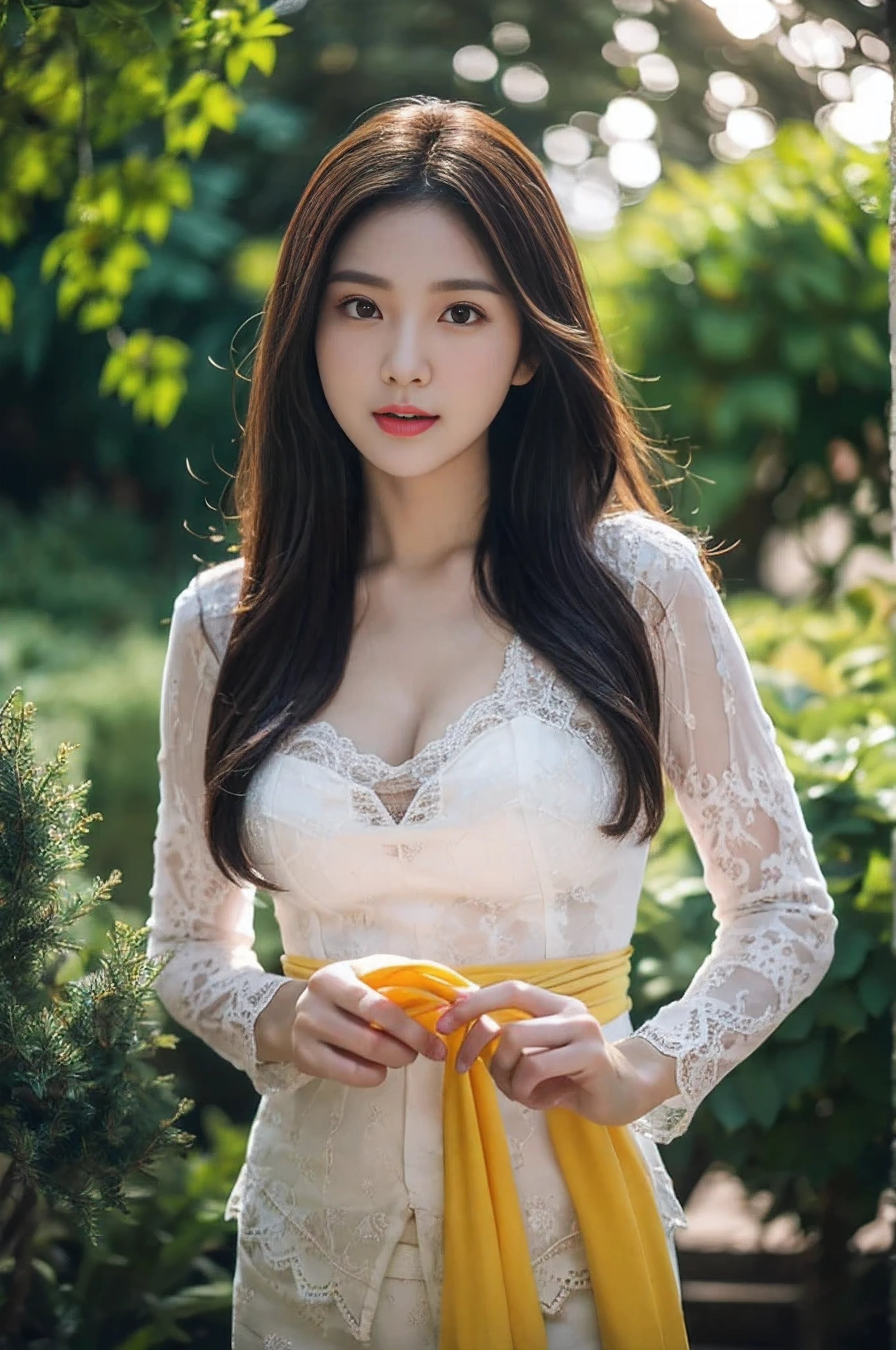 8k, best quality, Medium close-up, (white kebaya )、(luxury kebaya ),(top-quality,​masterpiece:1.3,超A high resolution,),(ultra-detailliert,Caustics),(Photorealsitic:1.4,RAW shooting,)Ultra-realistic capture,A highly detailed,high-definition16Kfor human skin, Cute and lovely Korean girl, realistic, ultra detail, photo realistic, Increase quality, 
 standing in a garden with a scarf, garden, (large breast), (cleavage ), close-up shot,  mouth,dark-haired, long hair, (depth of fields、chromatic abberation、Wide range of lighting、Natural Shading、)、(Exterior light at night:1.4)、(Hair swaying in the wind:1.2).