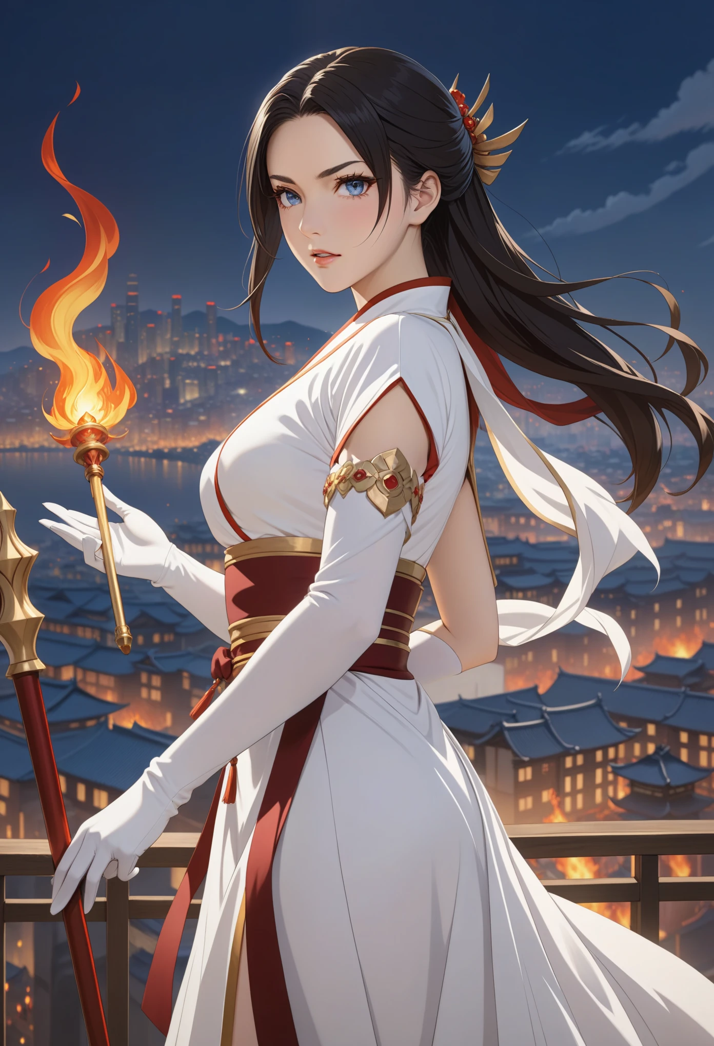 1 girl, high resolution, masterpiece, alone, Japanese cartoons, Ridiculous, Detailed face, perfect eyes, Azula (fire emblem), Upper body, whole body, white dress, jewelry, White gloves, city View, Keep, staff, Sing