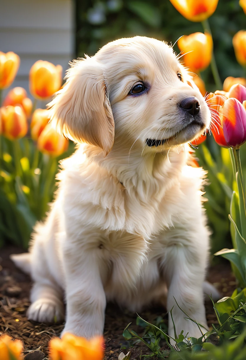 A puppy discovering the power of love, surrounded by a garden, amidst blooming flowers and lush greenery. The puppy's eyes sparkle with joy as it gazes at a heart-shaped toy, realizing that love surpasses material things. The soft fur of the puppy (golden retriever breed) adds an element of warmth and tenderness to the scene. The garden is bathed in golden sunlight, creating a soft and dreamy atmosphere. The flowers in the garden (roses, daisies, and tulips) bloom vibrantly, adding a touch of color and beauty. The puppy's delicate nose twitches as it takes in the sweet scent of nature. The puppy's contentment radiates through its adorable, wagging tail. The artwork is a masterpiece, embodying the highest level of detail and precision. The fine brushstrokes and realistic rendering make the image come to life. The overall style leans towards impressionism, capturing the essence of the moment rather than focusing on minute details. The color palette is vibrant and vivid, with a range of warm and soft tones to evoke a sense of tranquility and happiness. The lighting highlights the puppy's features and illuminates the garden, casting gentle shadows that add depth to the image.