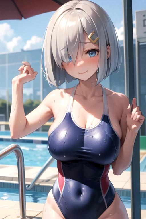 (hamakaze, blue eyes, grey hair, hair ornament, hair over one eye, hairclip, short hair, short hair:1.4), BREAK, (pool side:1.2); (masterpiece, best quality:1.4), (super fine illustration, shiny skin, detailed skin, detailed face, cute, detailed eyes, anime screencap:1.2), Break, (curvy, large breasts:1.4), BREAK, (Racing-style swimsuit:1.4), (scratching own head:1.3), BREAK, (gentle smile, blush:1.2), (wet, sweat:1.2)