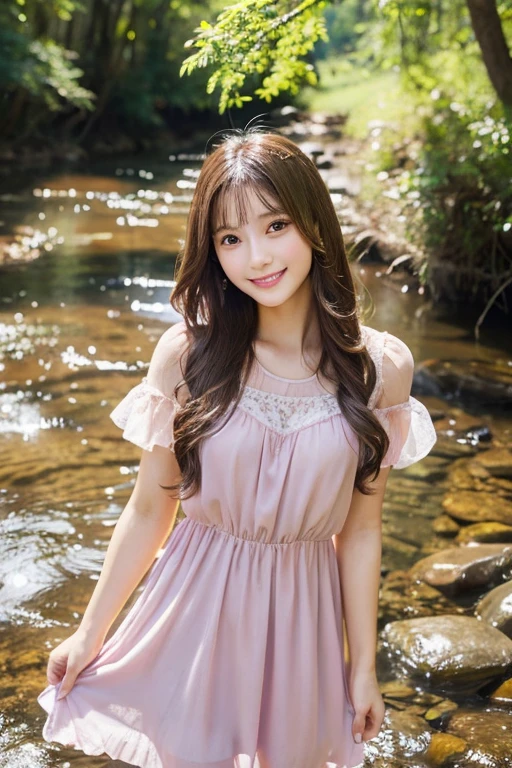  highest quality、Super detailed,、finely、High resolution、detailed and beautiful eyeedium long hair、brunette hair、Standing in the creek、19 year old beauty、Full body photo、cute smile、face light、Spring-like pink dress