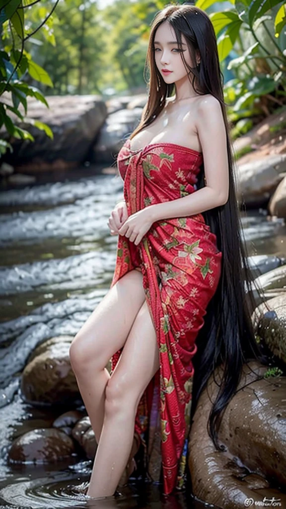 beautiful girl, My hair is three meters long., Beauty that comes from long hair, Every pair of eyes stared at the long hair., Soft and fluffy hair, very long hair, red lips, Huge breasts, Pulling out the outfit., Wear a sarong, Random color sarong, shower, sexy, river, Wet, Wet hair, Random color sarong, dynamic poses, blessing, just, no clothes, Look at that pussy.., see nipples, Take off your clothes., naked, undressed, nakedโดยสิ้นเชิง, Can see pussy, The chest is visible.