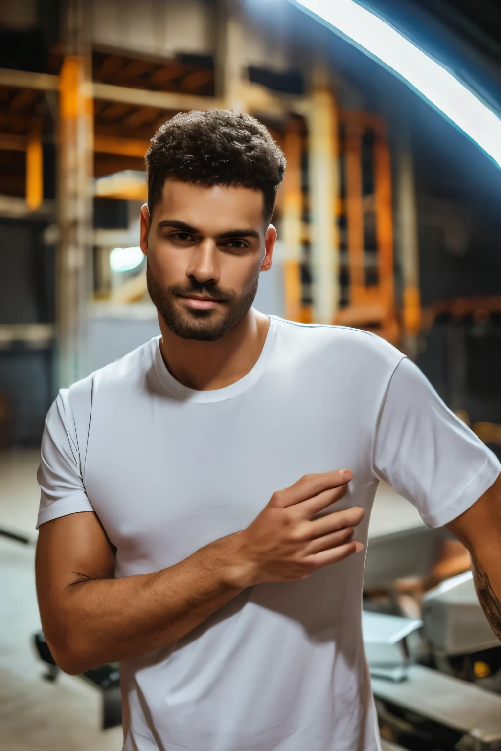 masterpiece, real photo, perfektes face, realistic, masterpiece, foto, studio, man, young, white t-shirt, posing front of camera, in a hangar, dark light, smooth lighting, t-shirt, normal t-shirt, facing to camera, frontal to camera, matte material, matte fabric