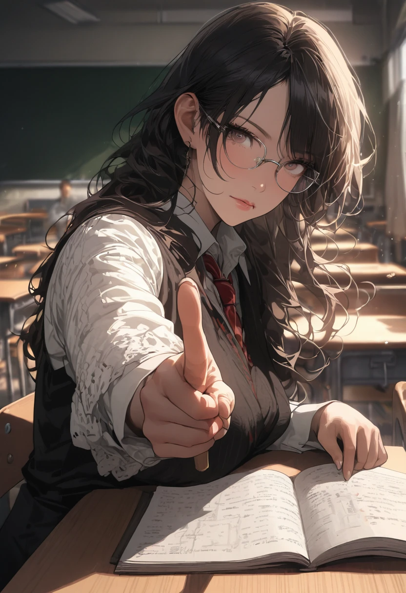 girl, teacher, classroom, Pointing at blackboard by guide stick, glasses, detailed background, Realistic, best quality, masterpiece, very aesthetic, perfect composition, intricate details, ultra-detailed, Animagine