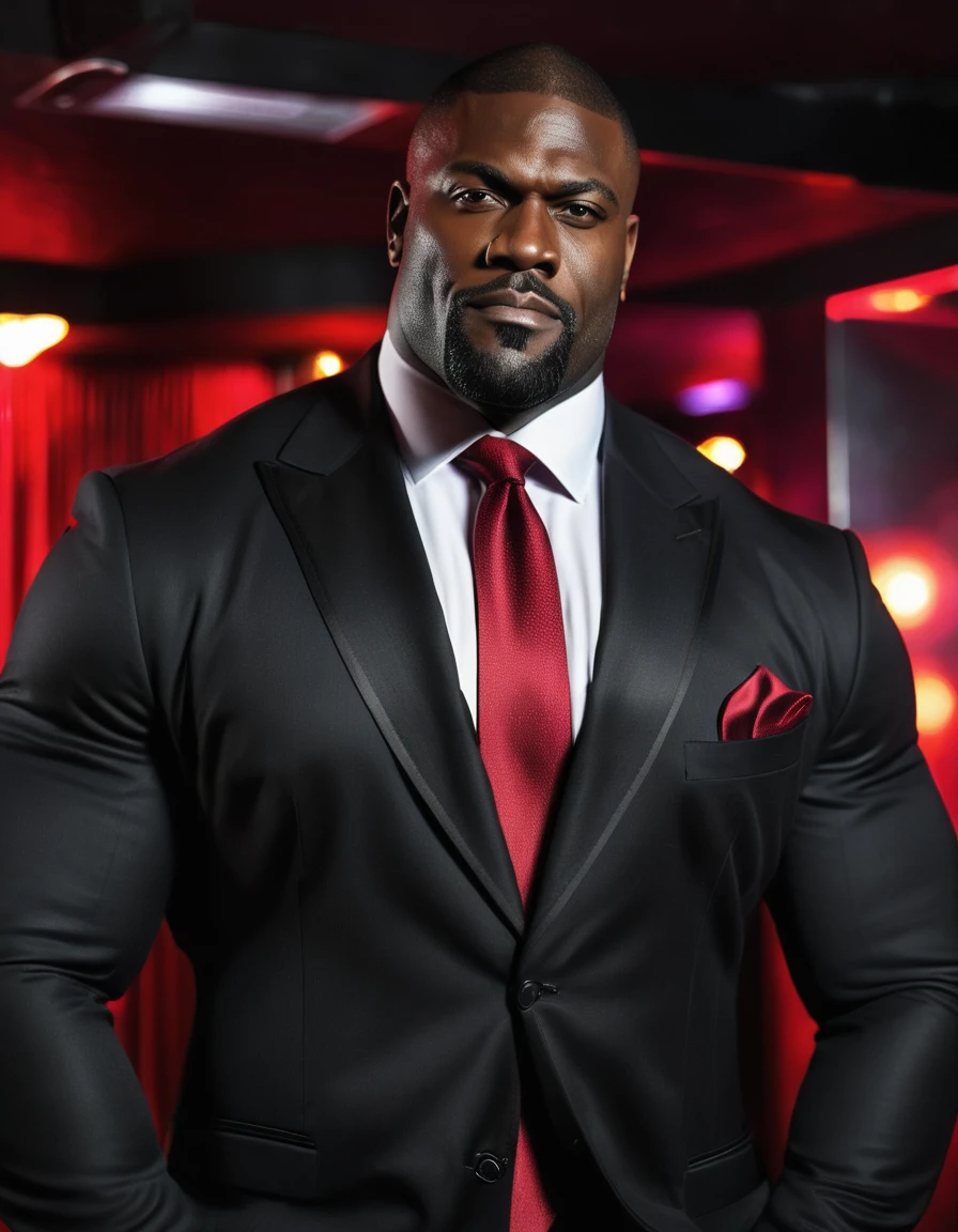 A massive, muscular, strong, giant, tall, wide black man, 39 years old, wearing dark suit and red tie, lustful, in a nightclub