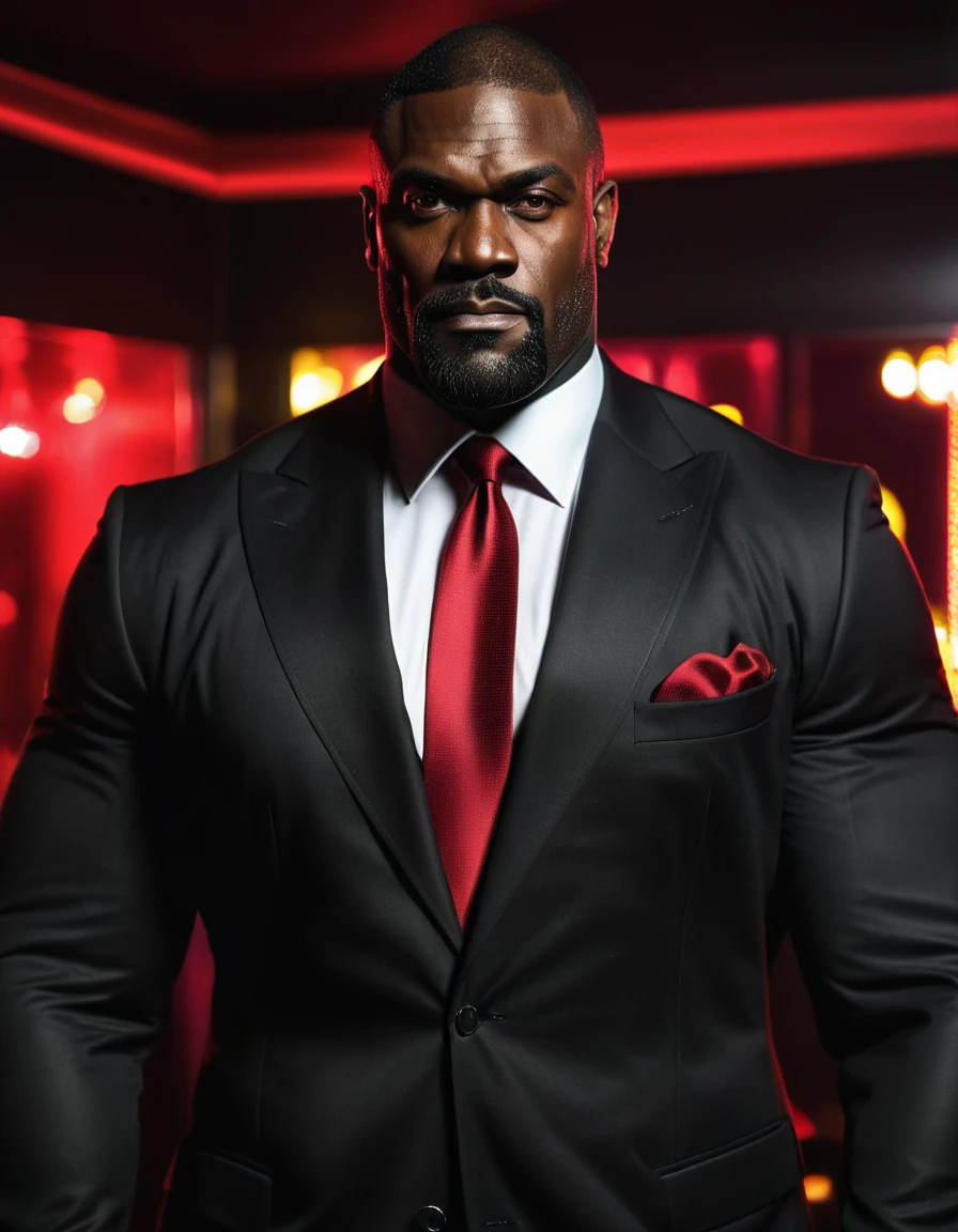 A massive, muscular, strong, giant, tall, wide black man, 39 years old, wearing dark suit and red tie, lustful, in a nightclub