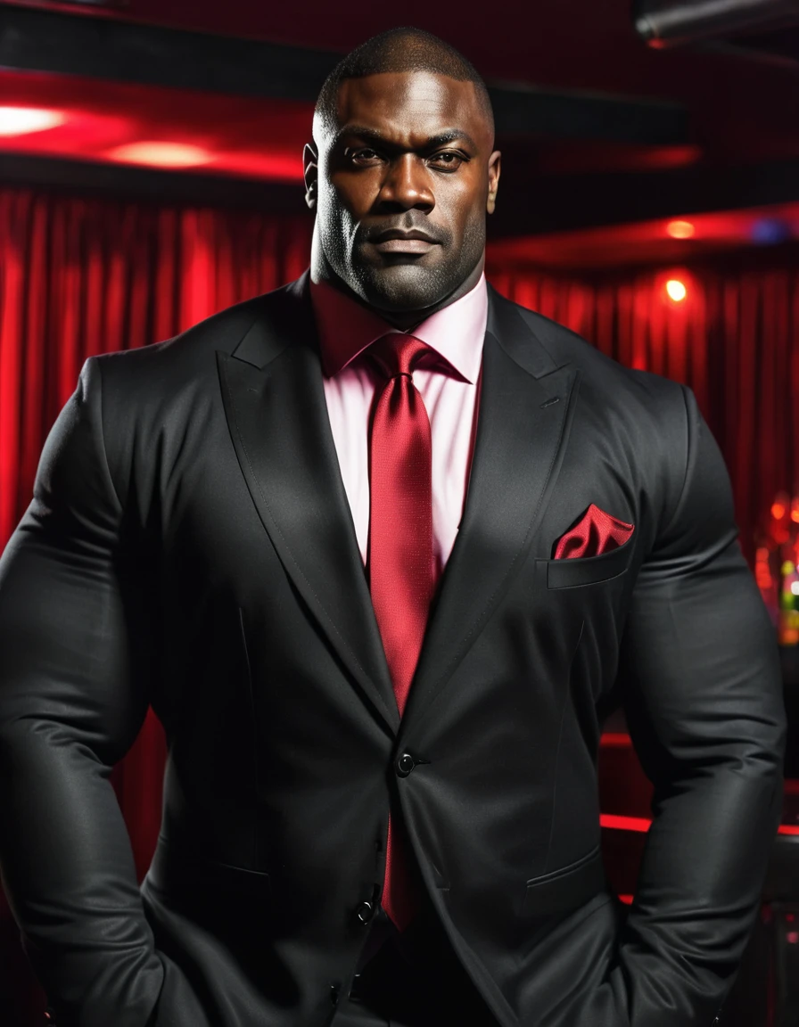 A massive, muscular, strong, giant, tall, wide black man, 39 years old, wearing dark suit and red tie, lustful, in a nightclub