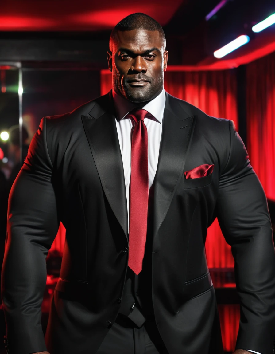 A massive, muscular, strong, giant, tall, wide black man, 39 years old, wearing dark suit and red tie, lustful, in a nightclub