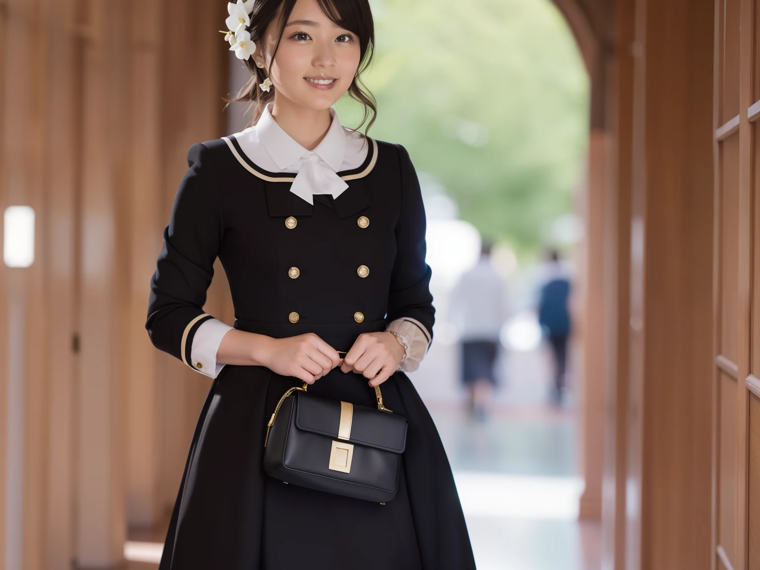 masterpiece, highest quality, Magnolia Arch, hair flower, black uniform, Ascot, corridor, walk, smile