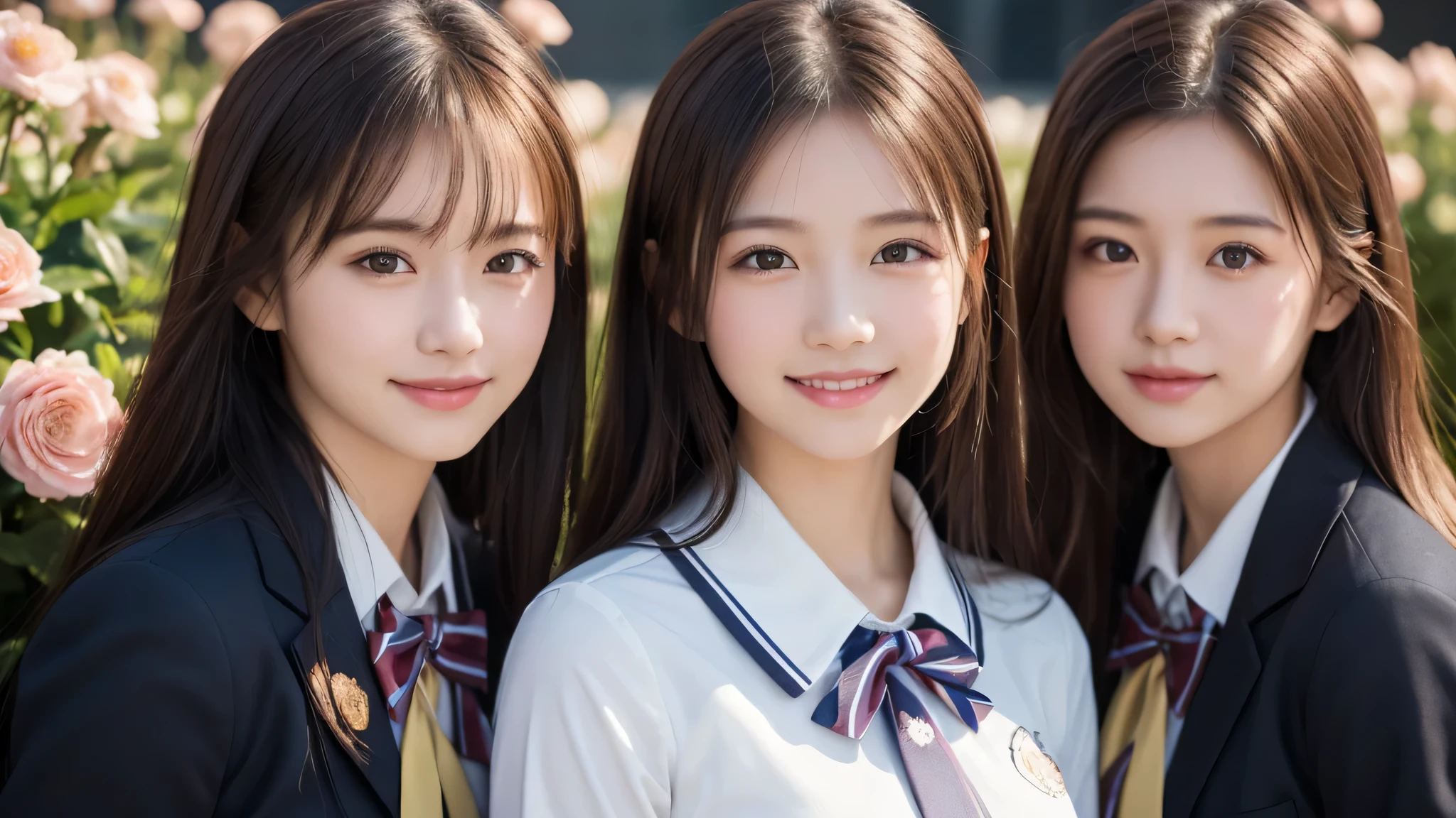 (cute smile:1.2), (transparent fair skin), (3young girls), highly detailed girls, extremely detailed CG unified 8k wallpaper, highly detailed, High-definition raw color photos, professional photography, Realistic portrait, Cinematic Light, bangs, (Best Quality:1.4), (Ultra-detailed), Amazing face and eyes, brown eyes, (high school uniform:1.2), Extremely high resolution, flowers, crisp, clear,