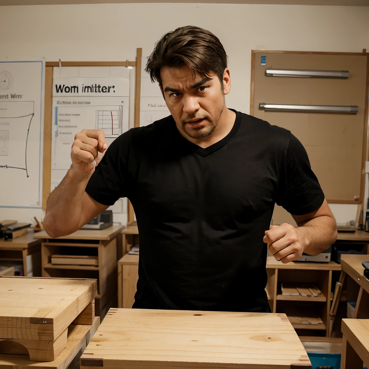 Angry man pointing his finger to his carpenter students