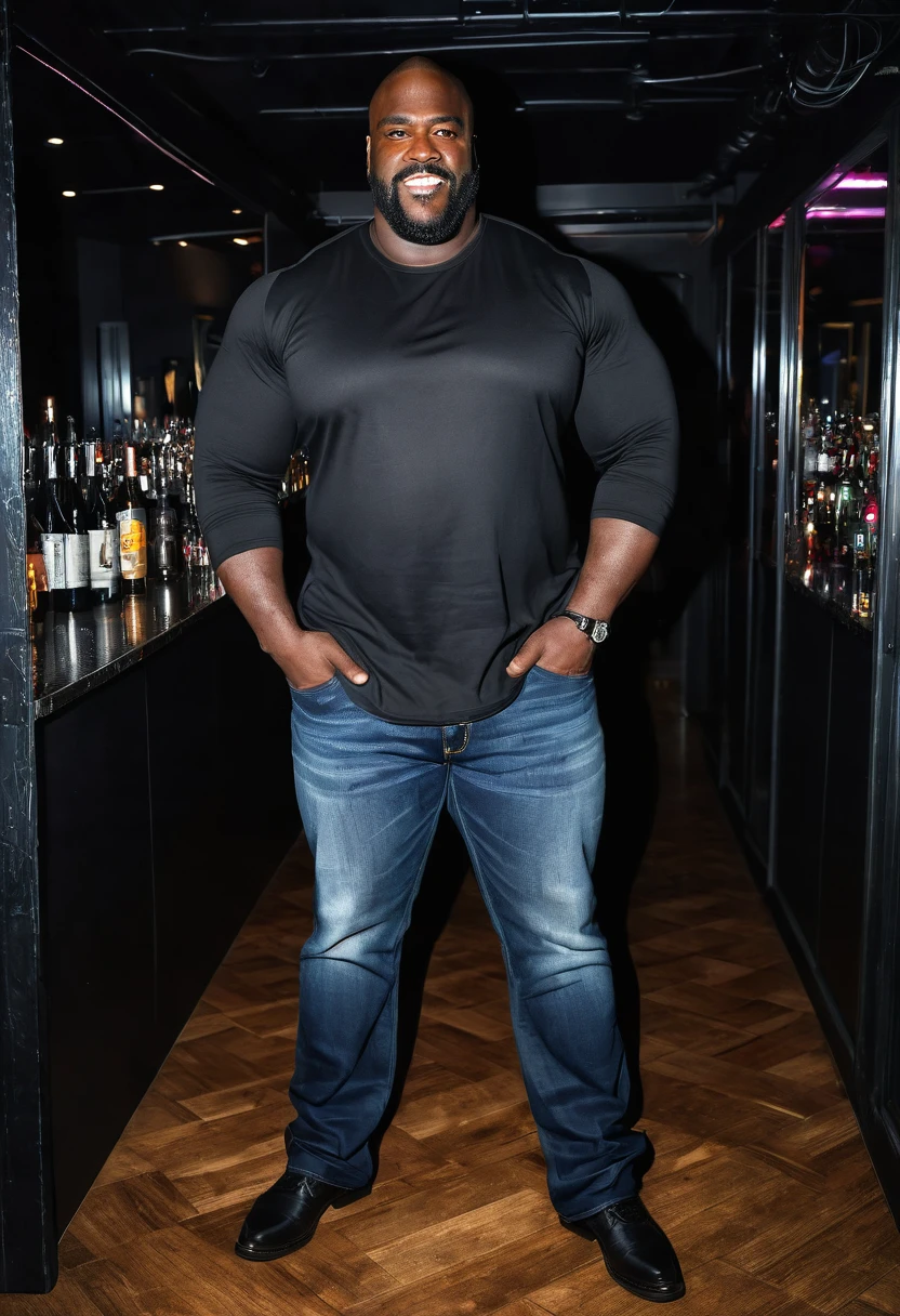 A full body picture of a massive, muscular, strong, giant, tall, wide black man, 39 years old, wearing long-sleeved black shirt and jeans, lustful, in a nightclub