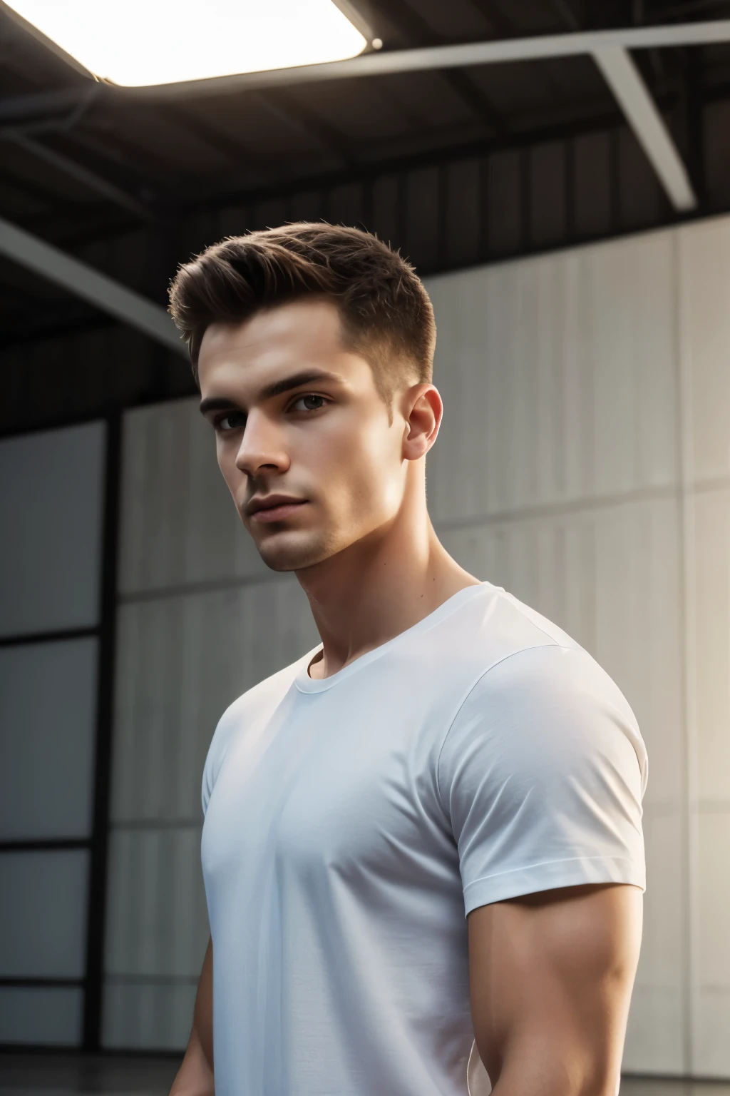 masterpiece, real photo, perfektes face, realistic, masterpiece, foto, studio, man, young, white t-shirt, posing front of camera, in a hangar, dark light, smooth lighting, t-shirt, normal t-shirt, facing to camera, frontal to camera, matte material, matte fabric