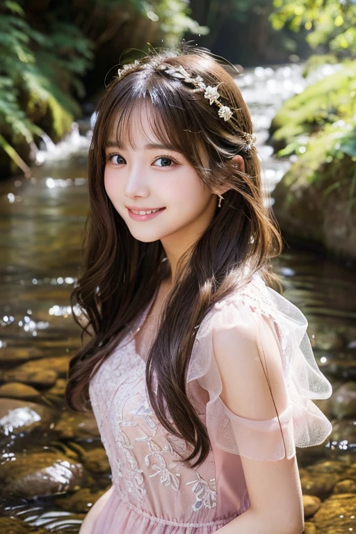 highest quality、Super detailed,、finely、High resolution、detailed and beautiful eyeedium long hair、brunette hair、Standing in the creek、19 year old beauty、Full body photo、cute smile、face light、sheer pink dress