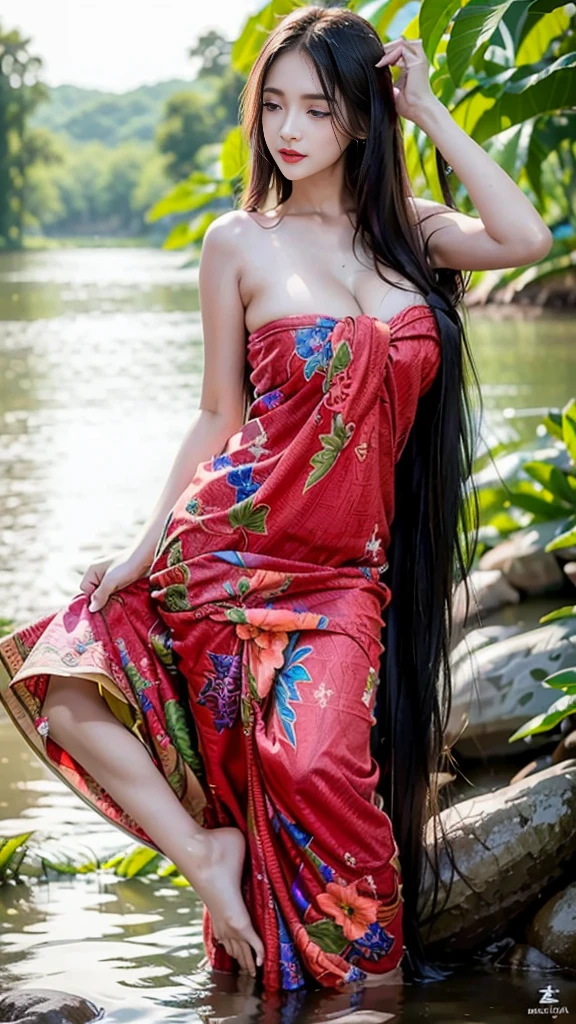 beautiful girl, My hair is three meters long., Beauty that comes from long hair, Every pair of eyes stared at the long hair., Soft and fluffy hair, very long hair, red lips, Huge breasts, Pulling out the outfit., Wear a sarong, Organize the sarong, Random color sarong, shower, sexy, river, Wet, Wet hair, Random color sarong, dynamic poses, blessing, just, no clothes, Look at that pussy.., see nipples, Take off your clothes., naked, undressed, nakedโดยสิ้นเชิง, Can see pussy, The chest is visible.