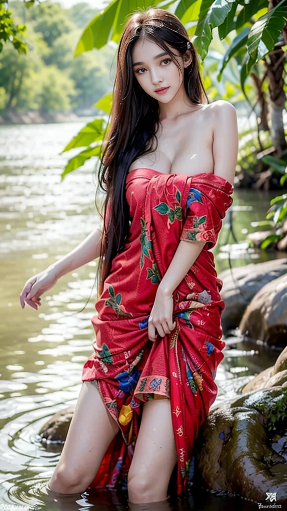 beautiful girl, My hair is three meters long., Beauty that comes from long hair, Every pair of eyes stared at the long hair., Soft and fluffy hair, very long hair, red lips, Huge breasts, Pulling out the outfit., Wear a sarong, Organize the sarong, Random color sarong, shower, sexy, river, Wet, Wet hair, Random color sarong, dynamic poses, blessing, just, no clothes, Look at that pussy.., see nipples, Take off your clothes., naked, undressed, nakedโดยสิ้นเชิง, Can see pussy, The chest is visible.