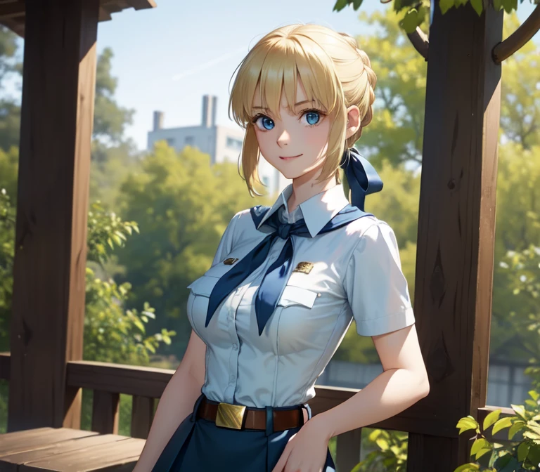 very young slim fit girl, full height, rounded face, big blue eyes, shy smile, perfect huge breasts, pioneer neckerchief, micro tight blue pleated skirt, bangs, tight white shirt, short sleeves, collared shirt, belt, red neckerchief, breast pocket, braid, hair ribbon, blue ribbon, short curly fluffy blonde hair, saber