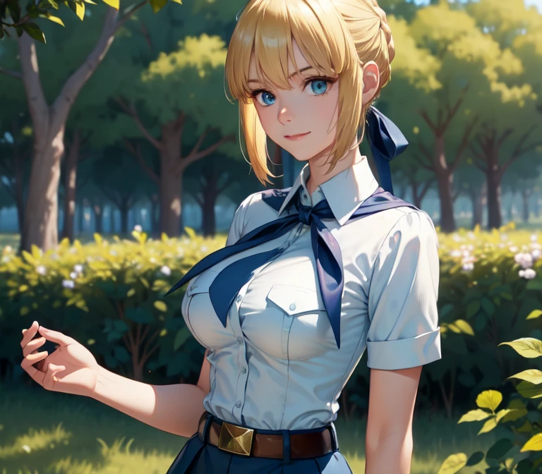 very young slim fit girl, full height, rounded face, big blue eyes, shy smile, perfect huge breasts, pioneer neckerchief, micro tight blue pleated skirt, bangs, tight white shirt, short sleeves, collared shirt, belt, red neckerchief, breast pocket, braid, hair ribbon, blue ribbon, short curly fluffy blonde hair, saber