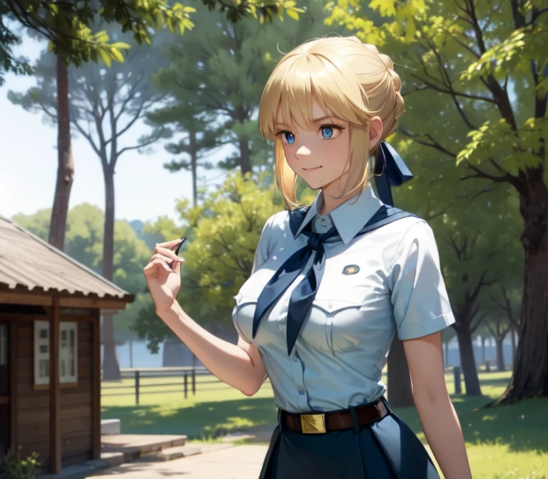 very young slim fit girl, full height, rounded face, big blue eyes, shy smile, perfect huge breasts, pioneer neckerchief, micro tight blue pleated skirt, bangs, tight white shirt, short sleeves, collared shirt, belt, red neckerchief, breast pocket, braid, hair ribbon, blue ribbon, short curly fluffy blonde hair, saber