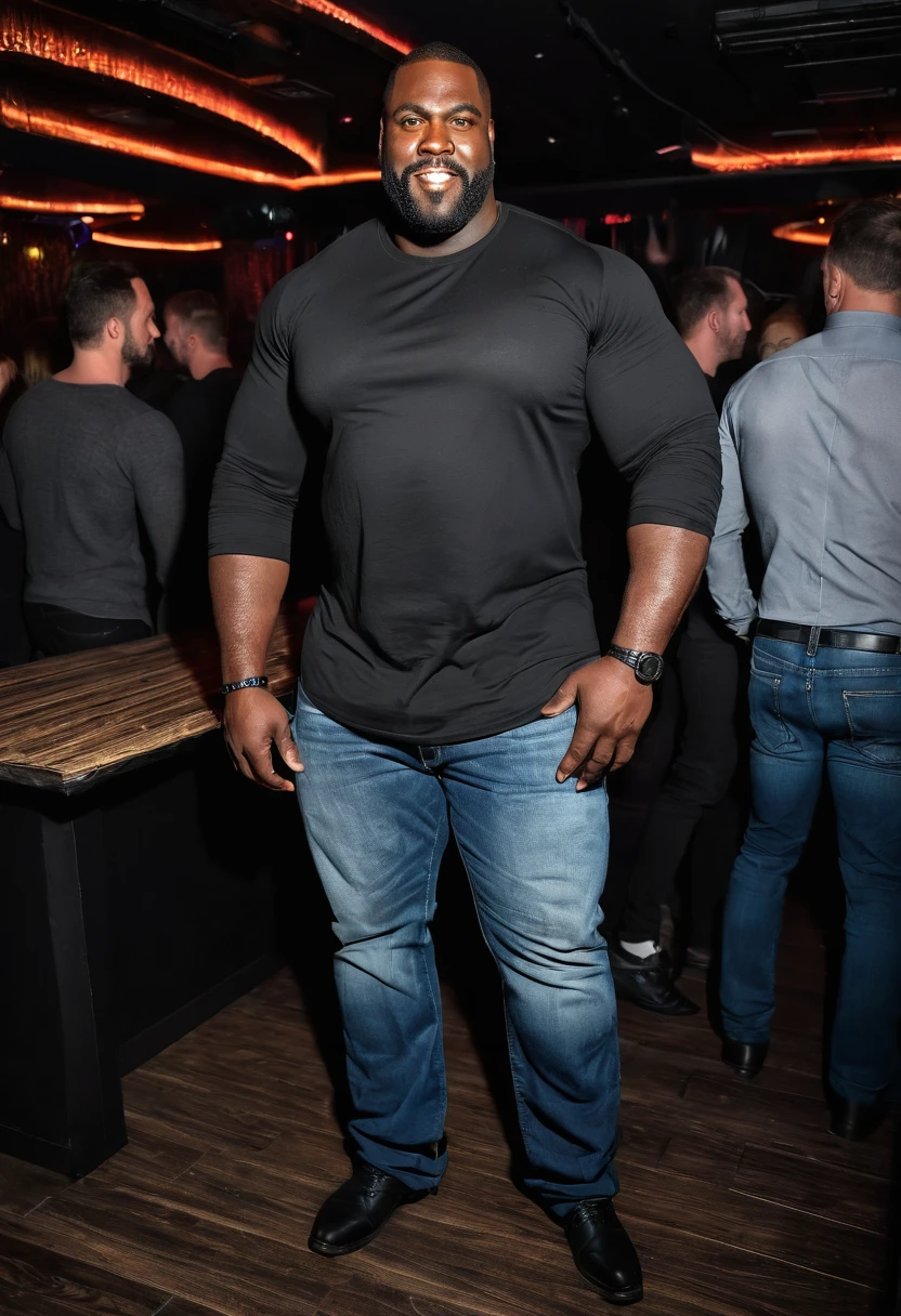A full body picture of a massive, muscular, strong, giant, tall, wide black man, 39 years old, wearing long-sleeved black shirt and jeans, lustful, in a nightclub