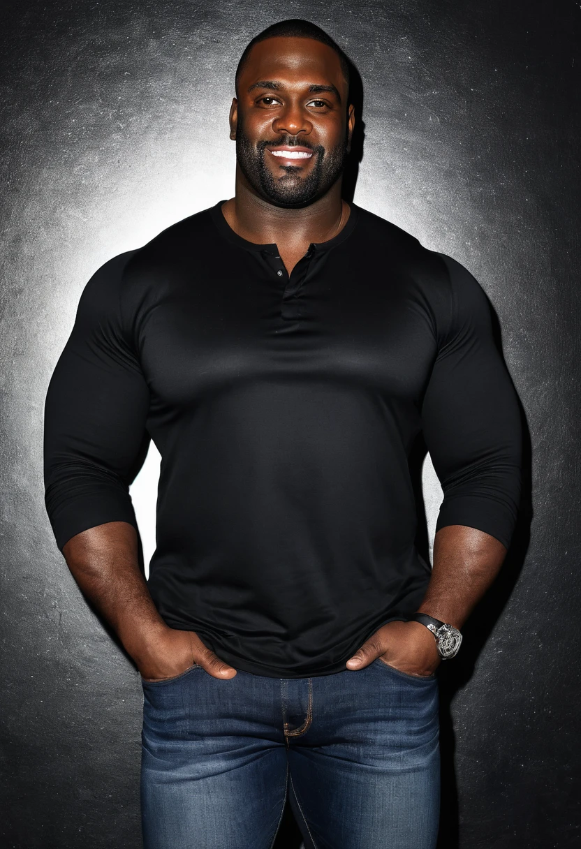 A full body picture of a massive, muscular, strong, giant, tall, wide black man, 39 years old, wearing long-sleeved black shirt and jeans, lustful, in a nightclub